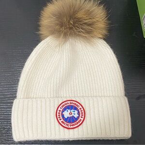 Canada Goose White Beanie with Brown Pom